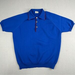 Vintage Trevira 2000 Blue Knit Polo Shirt Red Trim Retro 70s Small